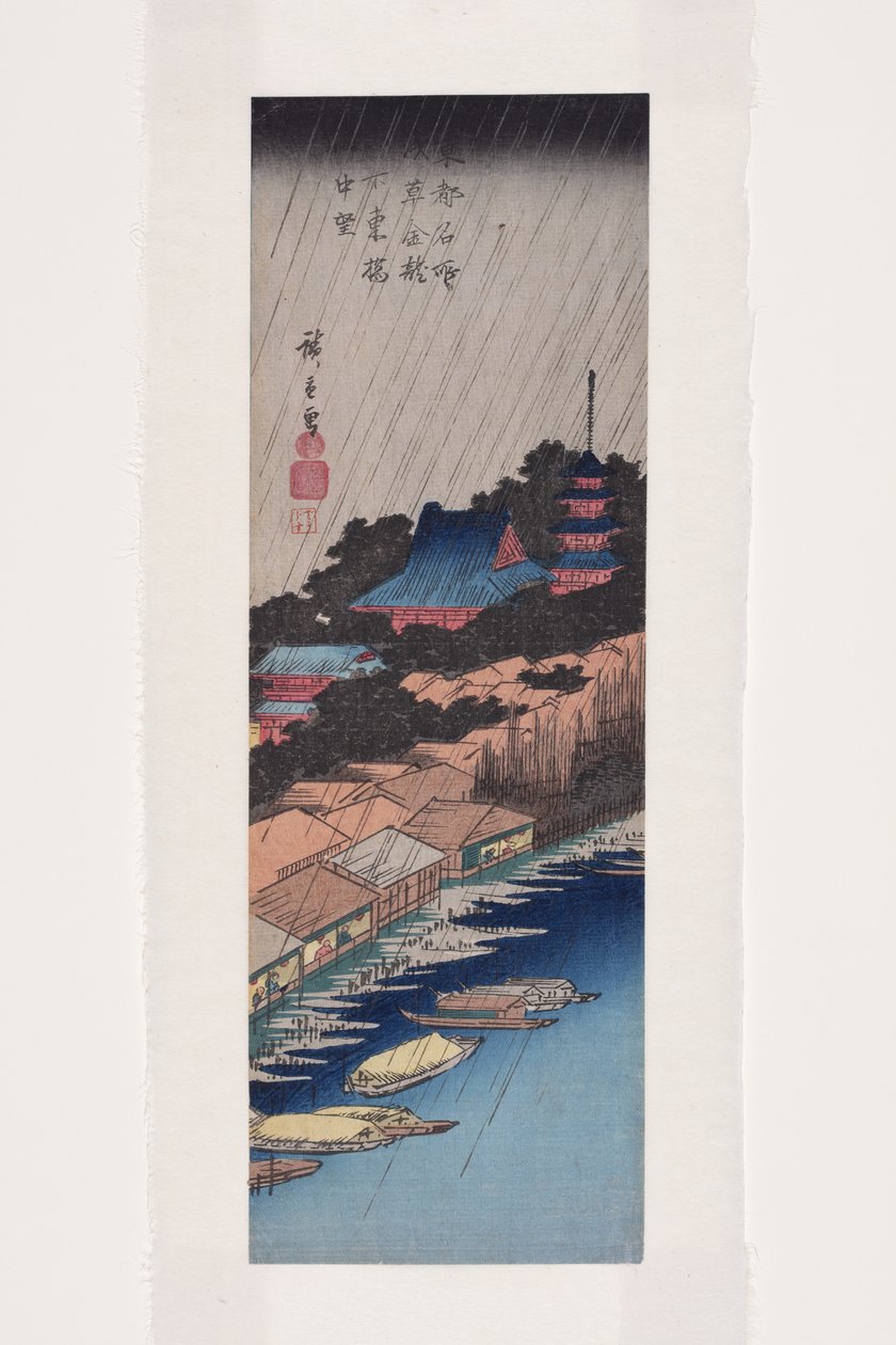 Regn ved Azuma-broen nedenfor Kinry?Natttempel i Asakusa (farget treblokktrykk) av Ando or Utagawa Hiroshige