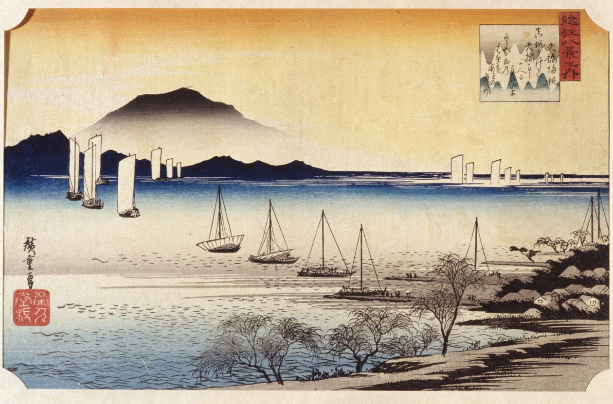 Returseil ved Yabase (farget treblokktrykk) av Ando or Utagawa Hiroshige