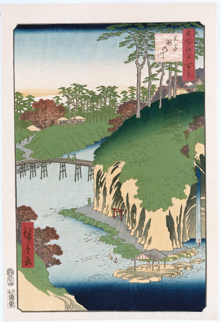 River of Waterfalls, Oji", fra serien "One Hundred Views of Famous Places in Edo" av Ando or Utagawa Hiroshige