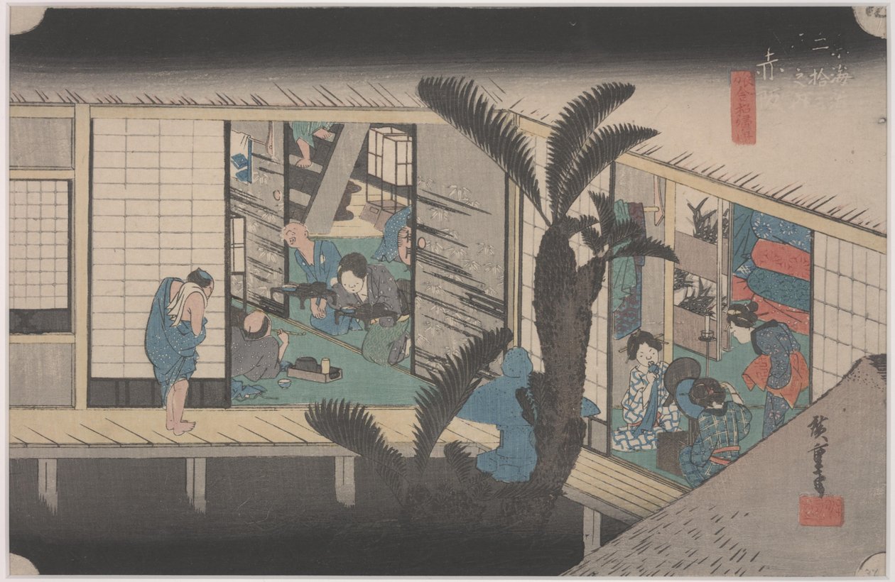 Scene på et vertshus av Ando or Utagawa Hiroshige