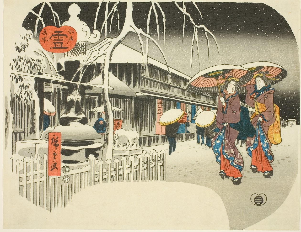 Snow (Yuki), fra serien "Famous Places of Edo, c.1849-52 (farget treblokktrykk; uchiwa-e) av Ando or Utagawa Hiroshige