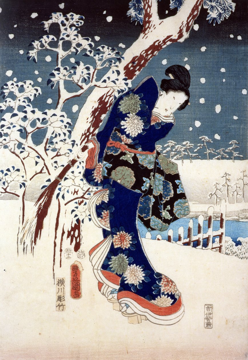 Snow Scene in the Garden of a Daimyo, en del av Triptych (silketrykk) av Ando or Utagawa Hiroshige