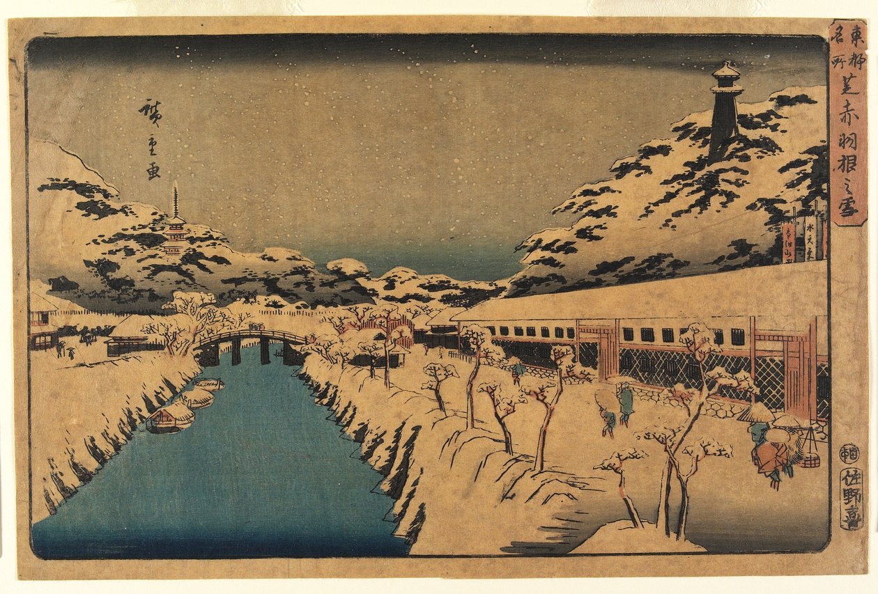 Snø ved Akabane Bridge i Shiba, 1844-45 av Ando or Utagawa Hiroshige