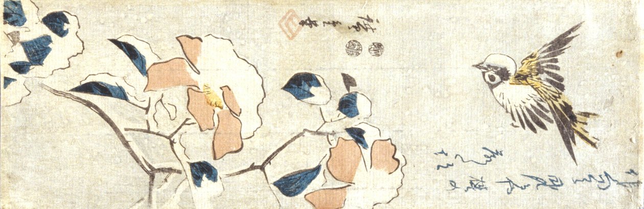 Sparrow And Snow-Laden Camelia (farget treblokktrykk) av Ando or Utagawa Hiroshige