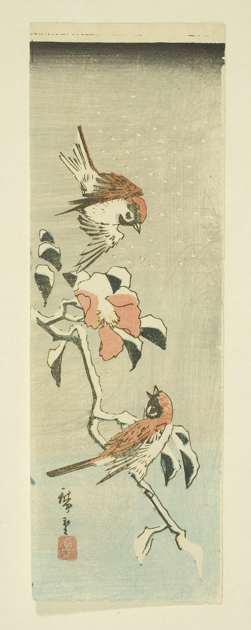 Sparrows and Camellia in Snow (farget treblokktrykk) av Ando or Utagawa Hiroshige