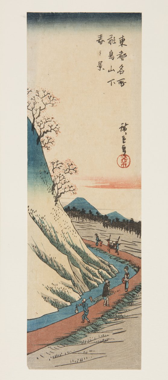 Vårutsikt ved foten av Asuka Hill (Asukayama shita haru no kei) (farget treblokktrykk) av Ando or Utagawa Hiroshige