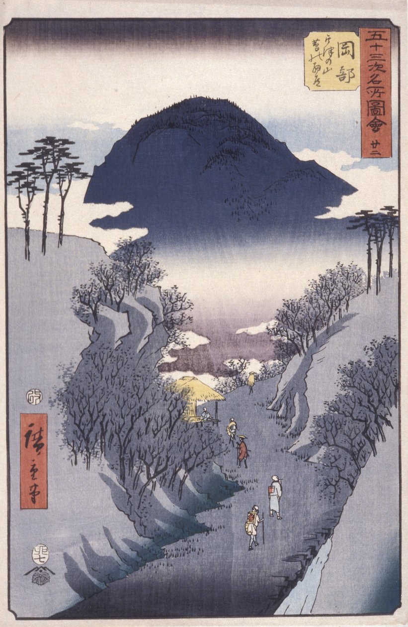 Station 22, Okabe (farget treblokktrykk) av Ando or Utagawa Hiroshige