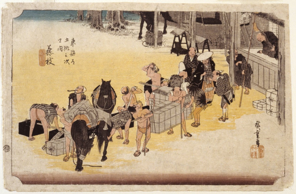 Station 23, Fujieda (farget treblokktrykk) av Ando or Utagawa Hiroshige