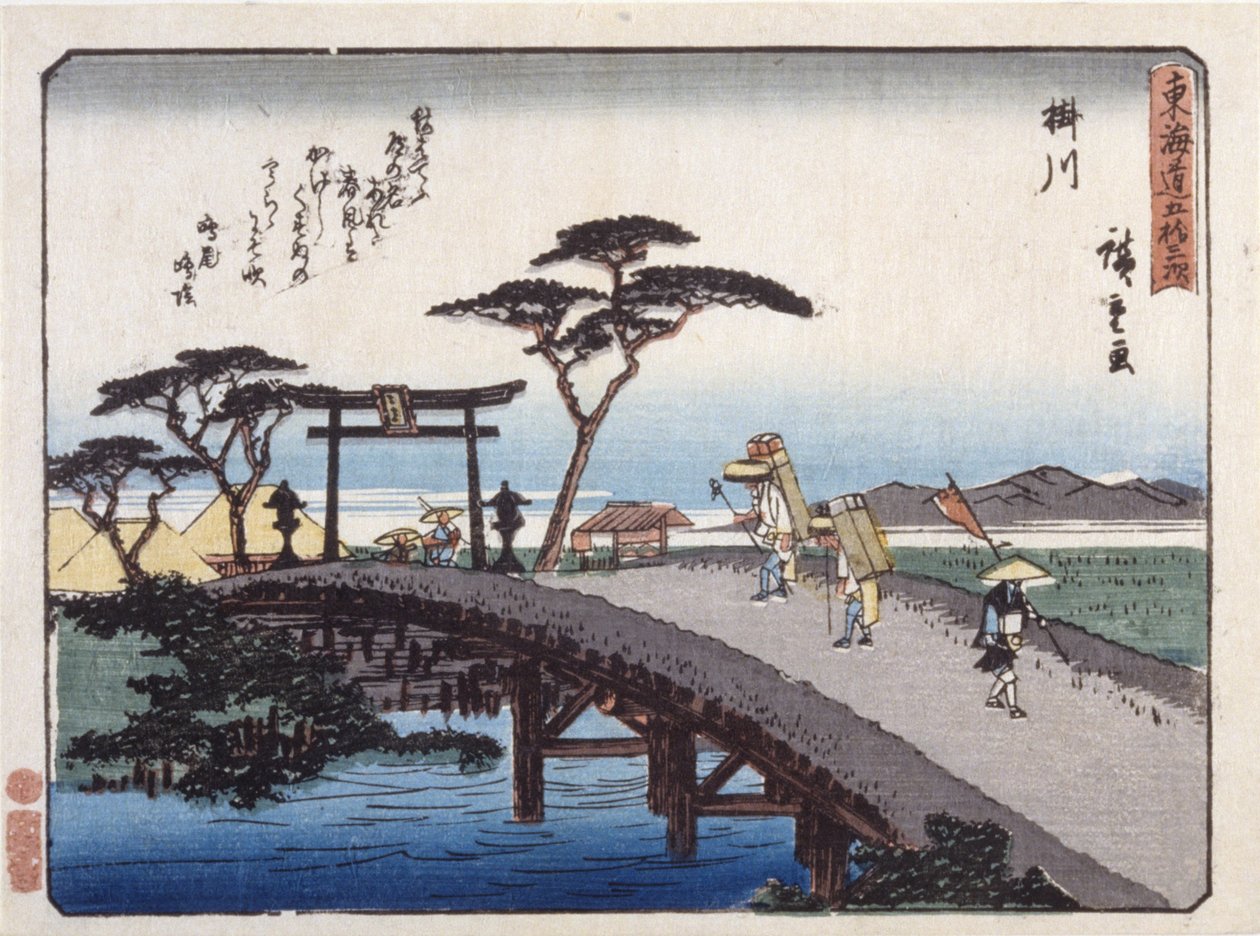Station 27, Kakegawa (farget treblokktrykk) av Ando or Utagawa Hiroshige