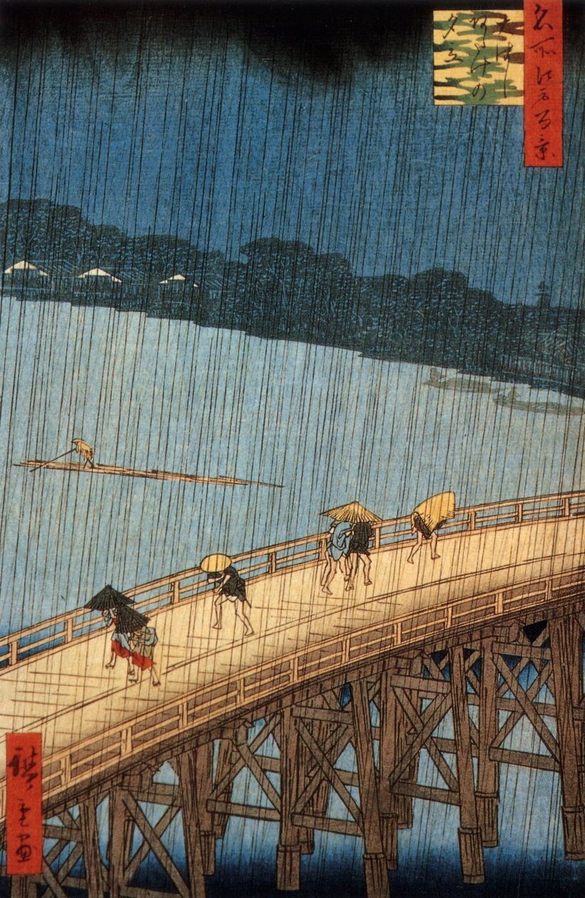 Sudden Shower (yudashi) på Ohashi Bridge, Japan, gravering av Ando Hiroshige av Ando or Utagawa Hiroshige