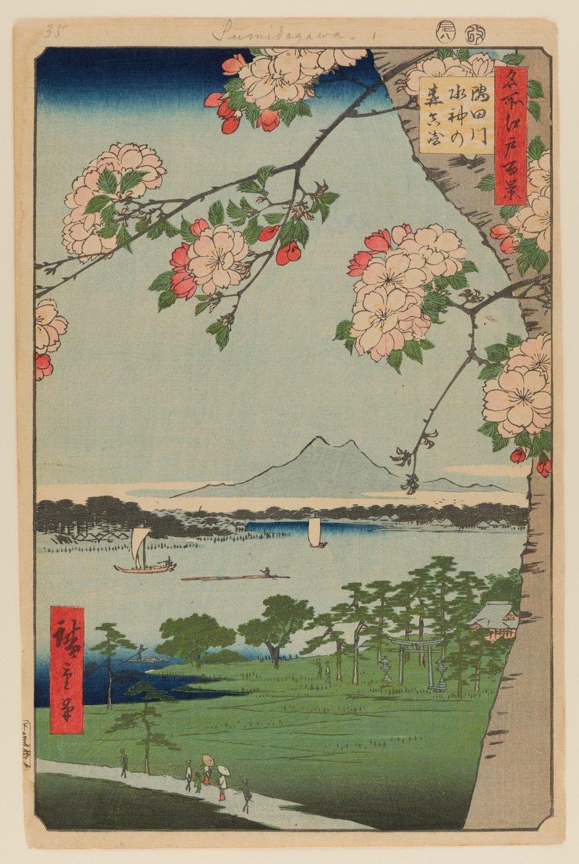 Suijin-helligdommen og Massaki ved Sumida-elven (Sumidagawa Suijin no Mori Massaki) av Ando or Utagawa Hiroshige