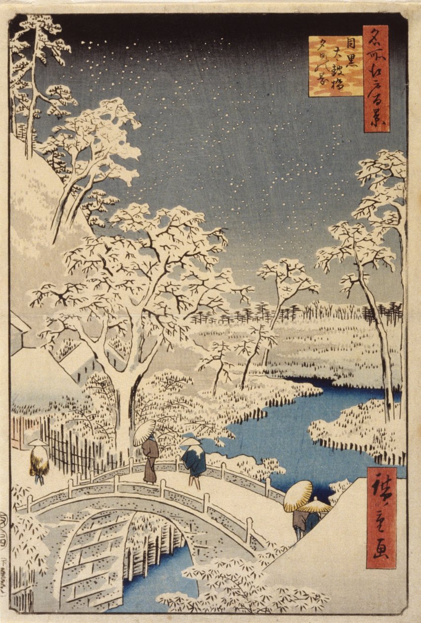 Taiko Bridge And Sunset Hill In Meguro (farget treblokktrykk) av Ando or Utagawa Hiroshige