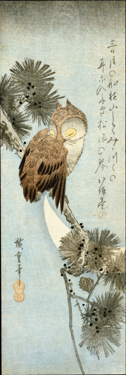 Halvmånen og ugla satt på furugrener av Ando or Utagawa Hiroshige