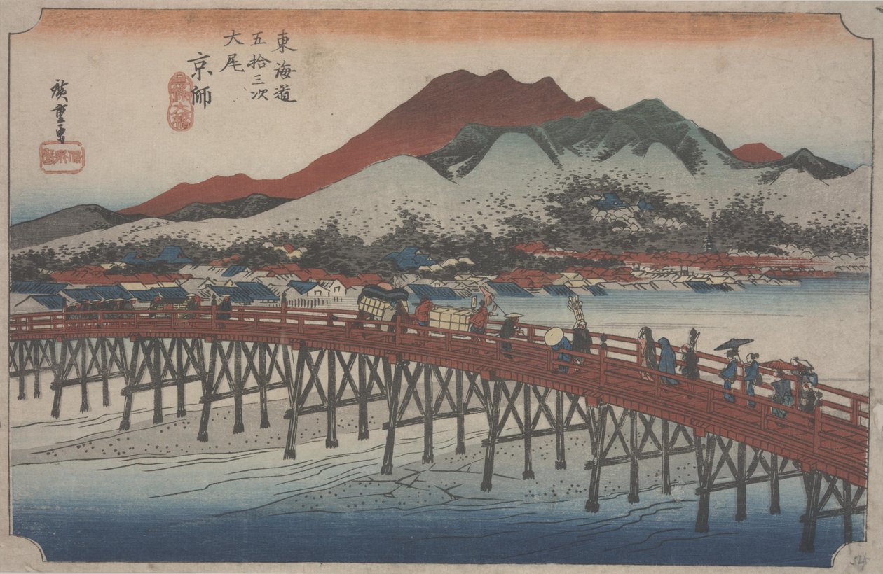 Den store Sanjo-broen, 1834 av Ando or Utagawa Hiroshige