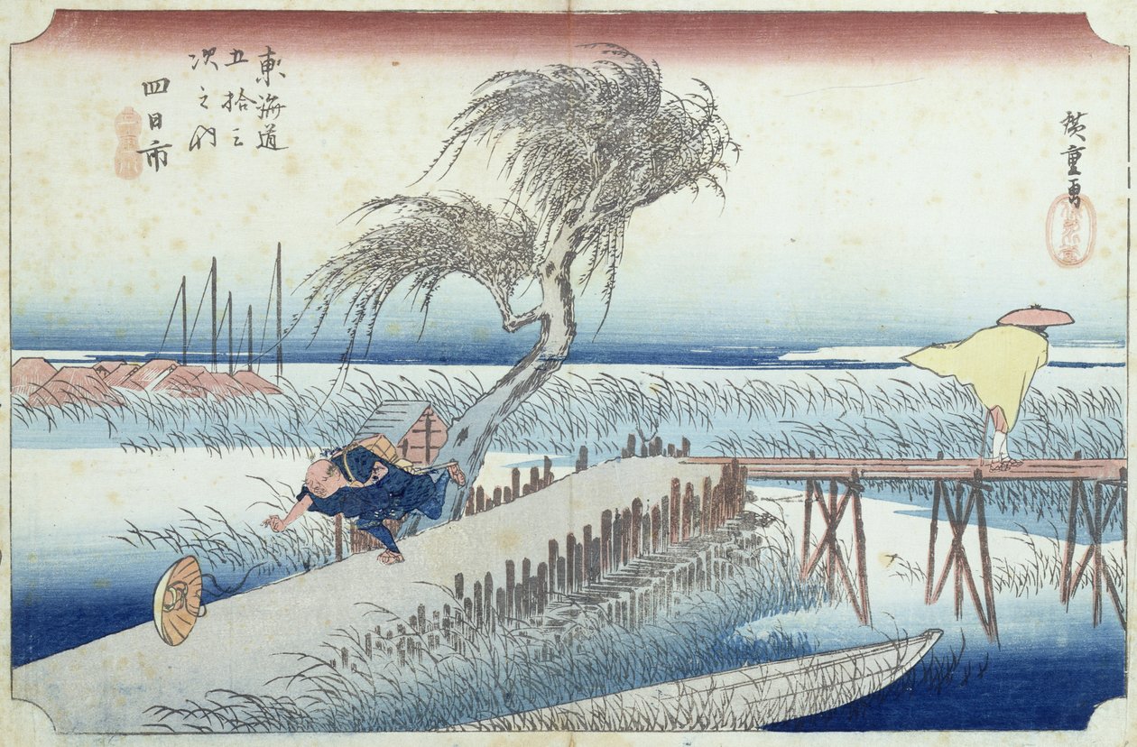 The Hurricane (Yokkaichi) nr.44 fra serien '53 Stations of the Tokaido Road' (treblokktrykk) av Ando or Utagawa Hiroshige