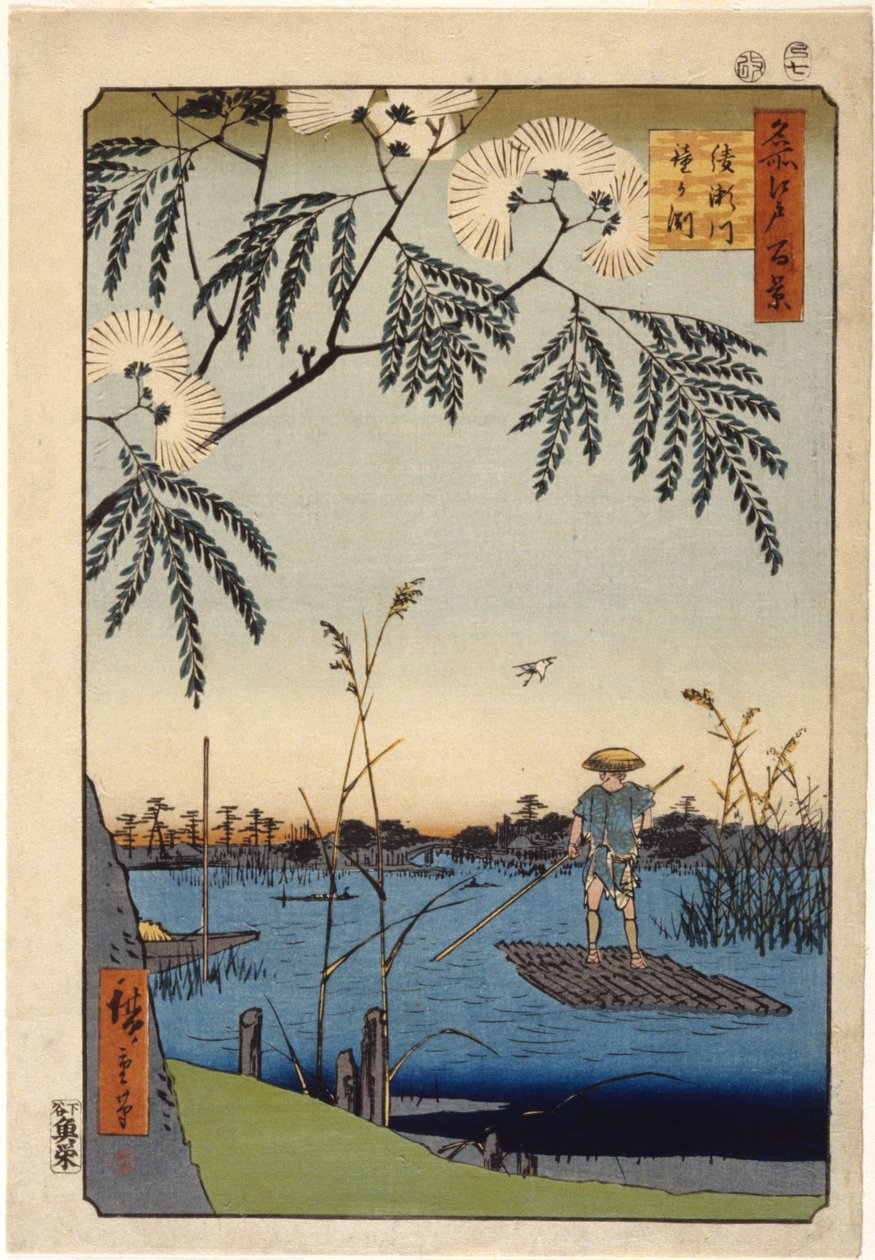 Kanasugi-broen i Shibaura (farget treblokktrykk) av Ando or Utagawa Hiroshige