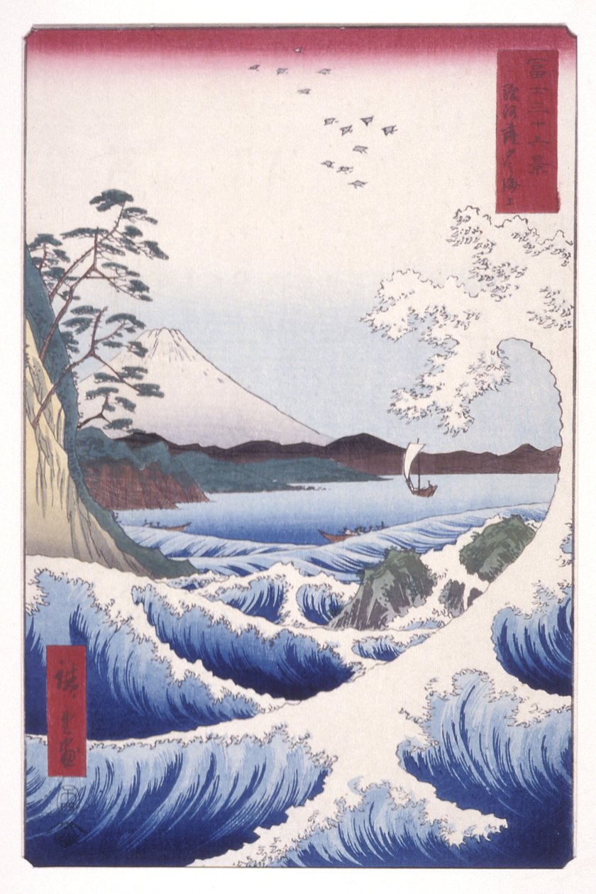Havet ved Satta i Suruga-provinsen (Suruga Satta No Kaij?) (farget treblokktrykk) av Ando or Utagawa Hiroshige