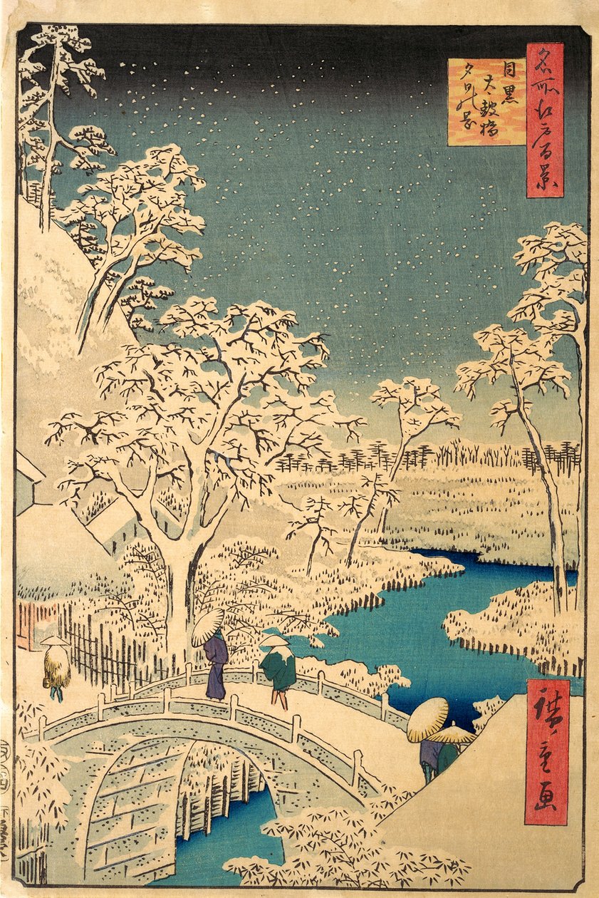 Taiko-broen og Yuhi-haugen ved Meguro, fra The Hundred Famous Views of Edo, pub.1857 av Ando or Utagawa Hiroshige