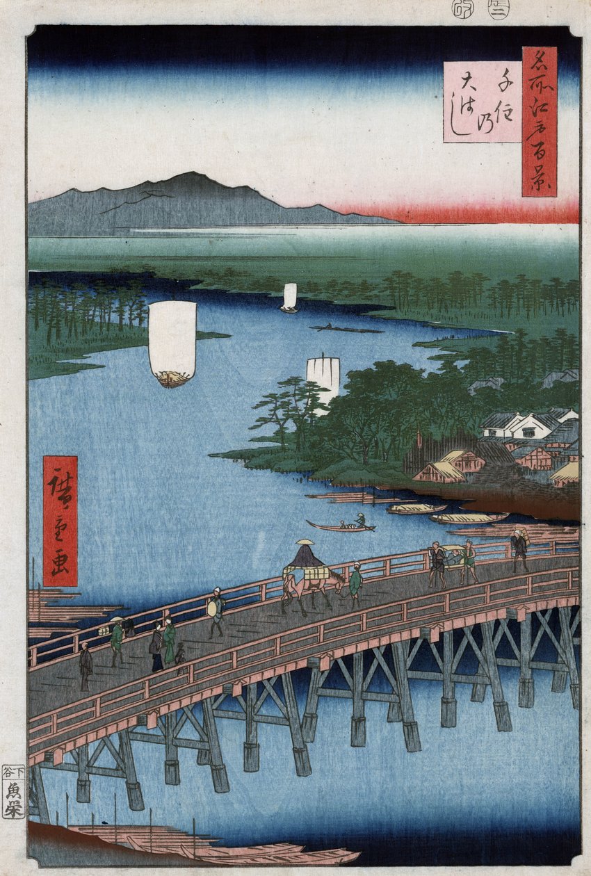 Den store broen til Senju krysser Sumida-elven, med fjell i bakgrunnen, tresnitt av Ando Hiroshige av Ando or Utagawa Hiroshige