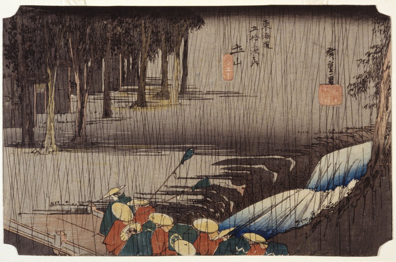 Touchiyama i vårregn av Ando or Utagawa Hiroshige