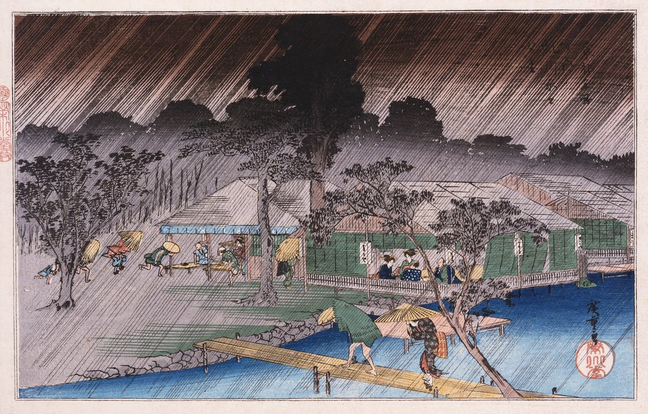 Twilight Shower at Tadasu Bank", fra serien "Famous Places of Kyoto" Ando Hiroshige av Ando or Utagawa Hiroshige