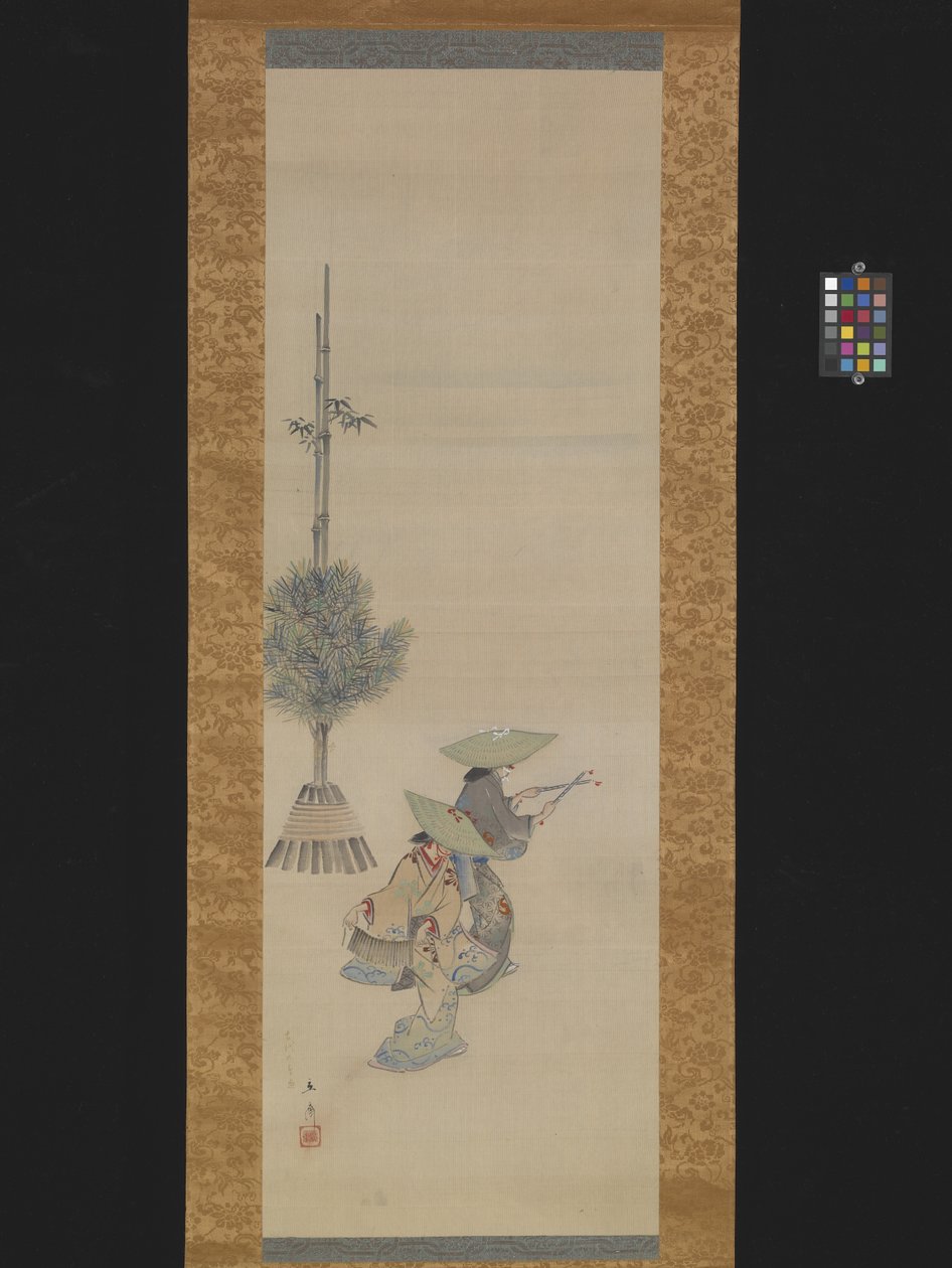 To kvinner med hatter som danser (blekk og farge på silke) av Ando or Utagawa Hiroshige