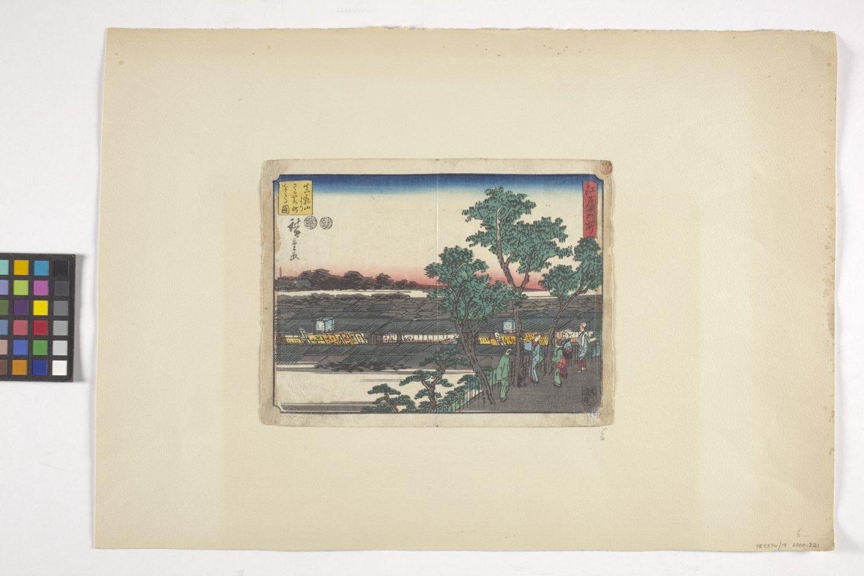 Utsikt over Saruwakacho fra Matsuchiyama (fargetresnitt) av Ando or Utagawa Hiroshige
