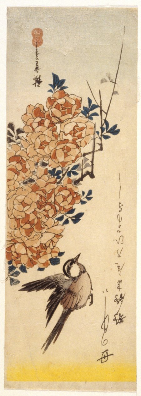 Wagtail And Roses (farget treblokktrykk) av Ando or Utagawa Hiroshige
