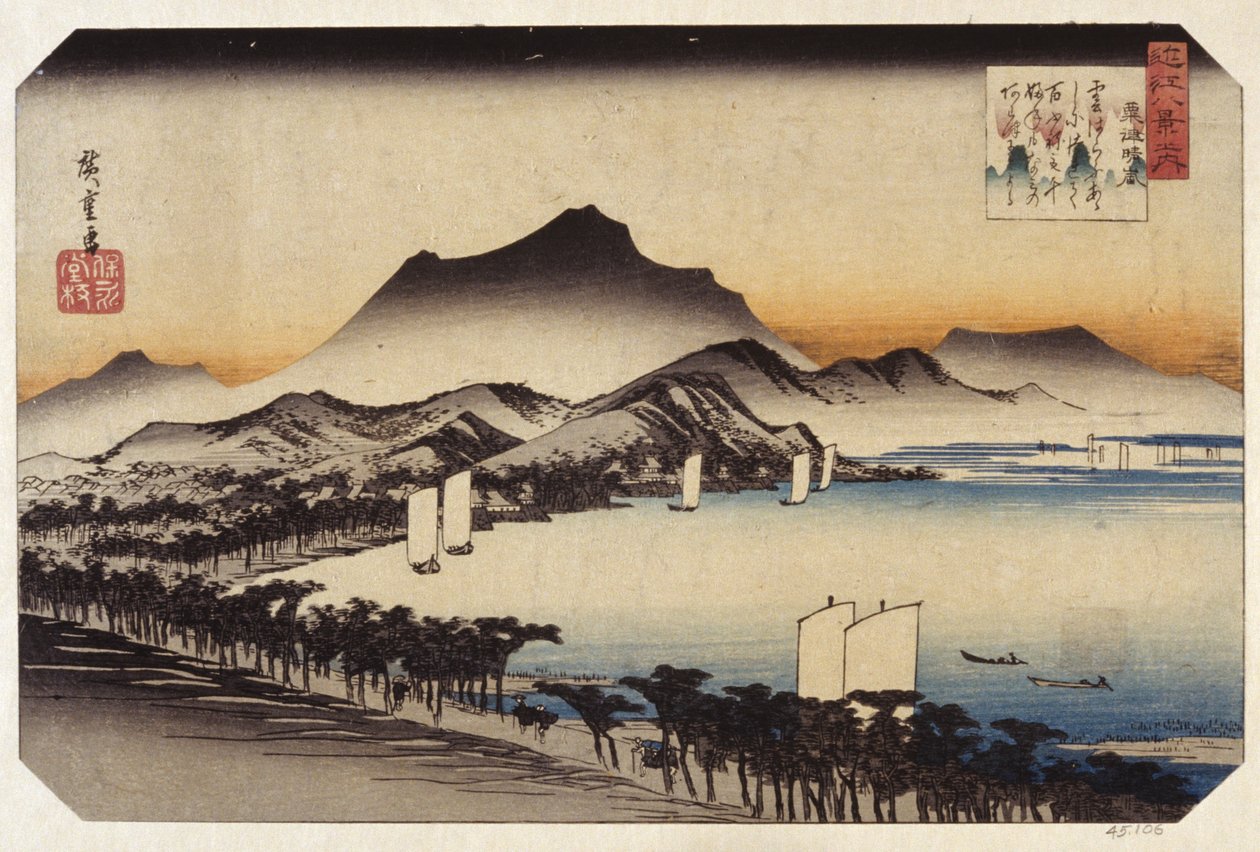 Weather Clearing At Awazu (farget treblokktrykk) av Ando or Utagawa Hiroshige