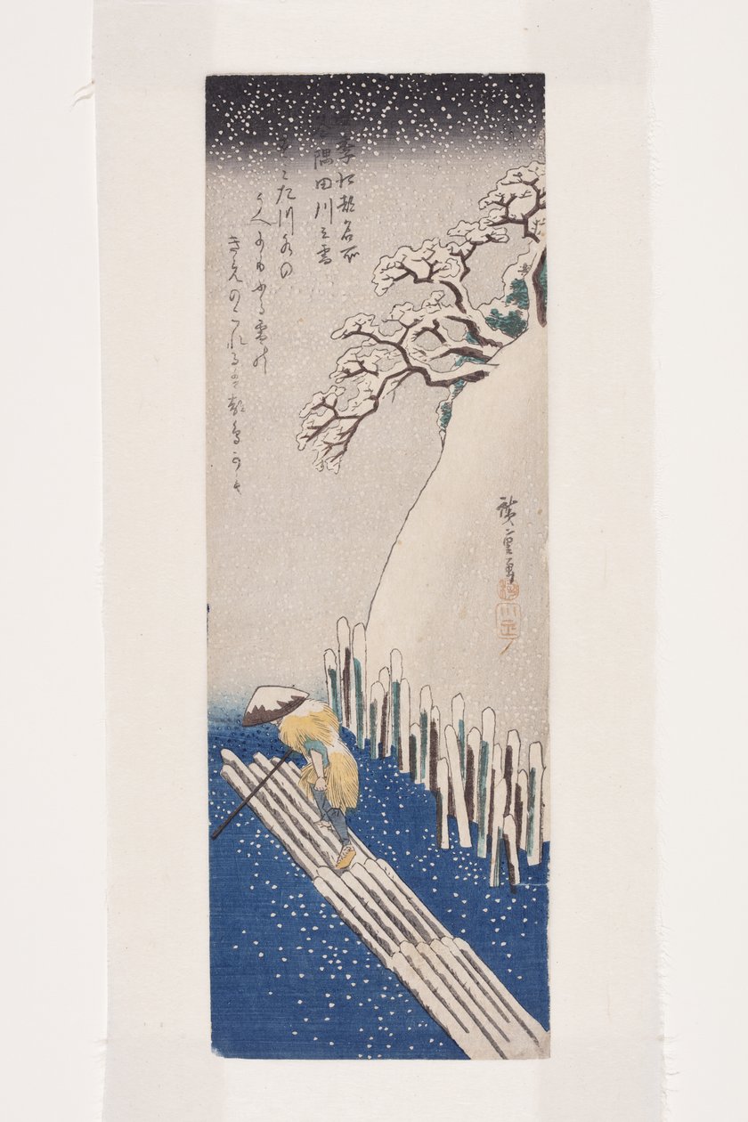 Vinter: Snø på Sumida-elven (Fuyu, Sumidagawa no yuki) (farget treblokktrykk) av Ando or Utagawa Hiroshige