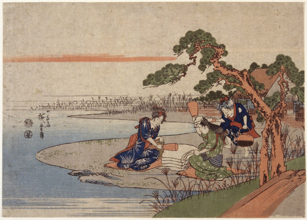 Kvinner forbereder klut (farget treblokktrykk) av Ando or Utagawa Hiroshige