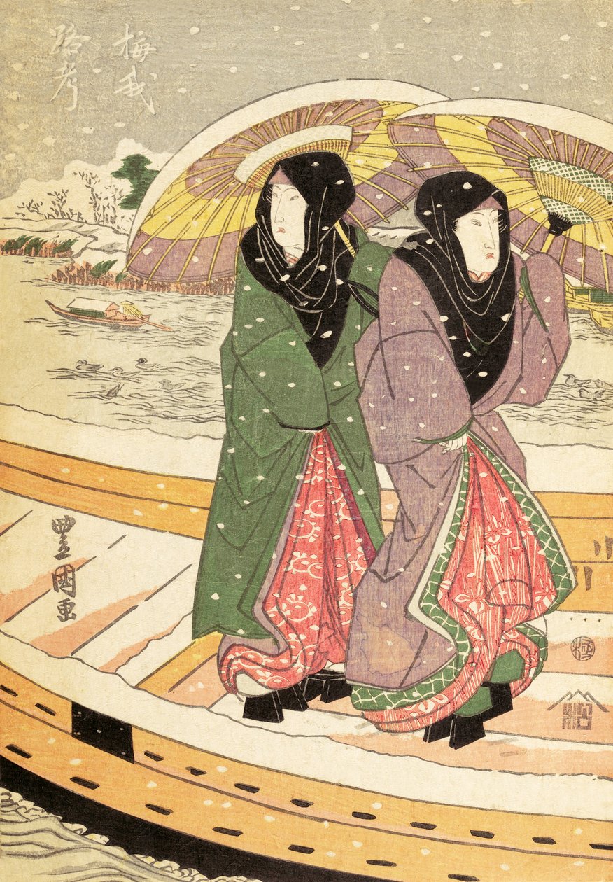 Kvinner som går over en bro i snø, pub.c.1848 (treblokktrykk i farger) av Ando or Utagawa Hiroshige