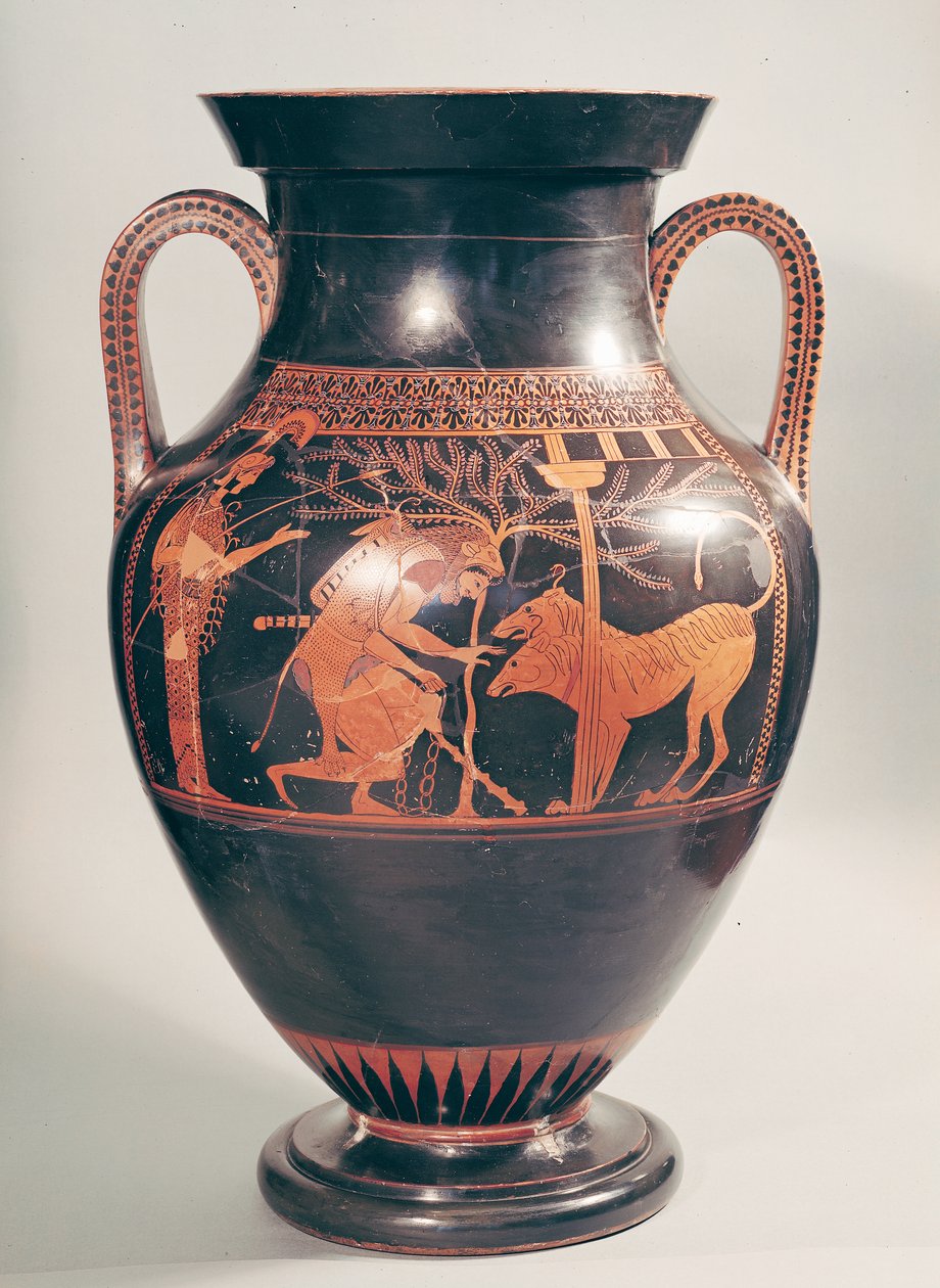 Loftsbukamfora med rød figur som viser Herakles som fanger Kerberus, gresk, fra Athen, 600-tallet f.Kr. (keramikk) av Andokides Painter