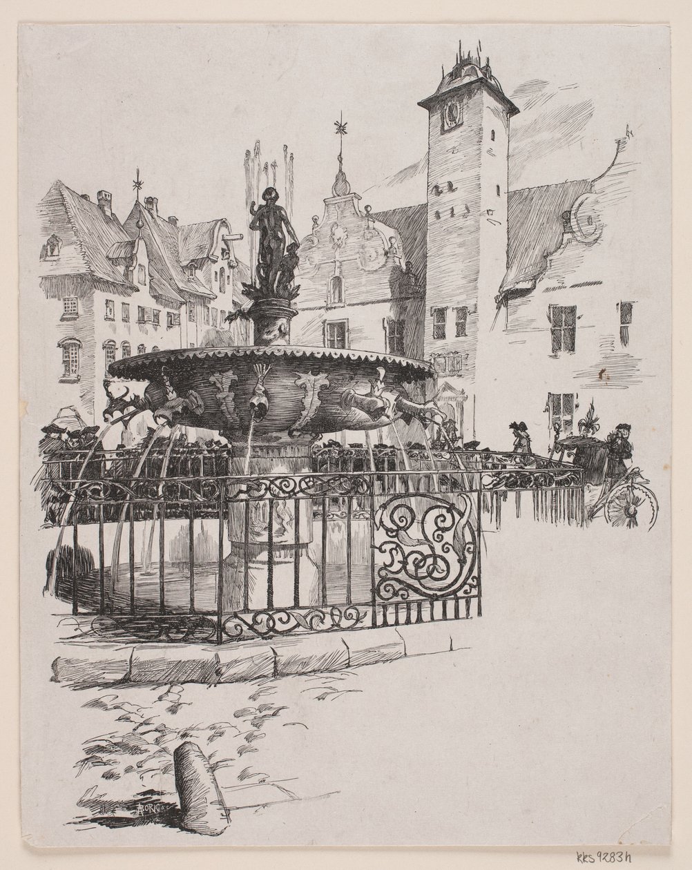 Illustrasjon til "Den 11. juni" (fontenen på Gammelt Torv) av André Bork