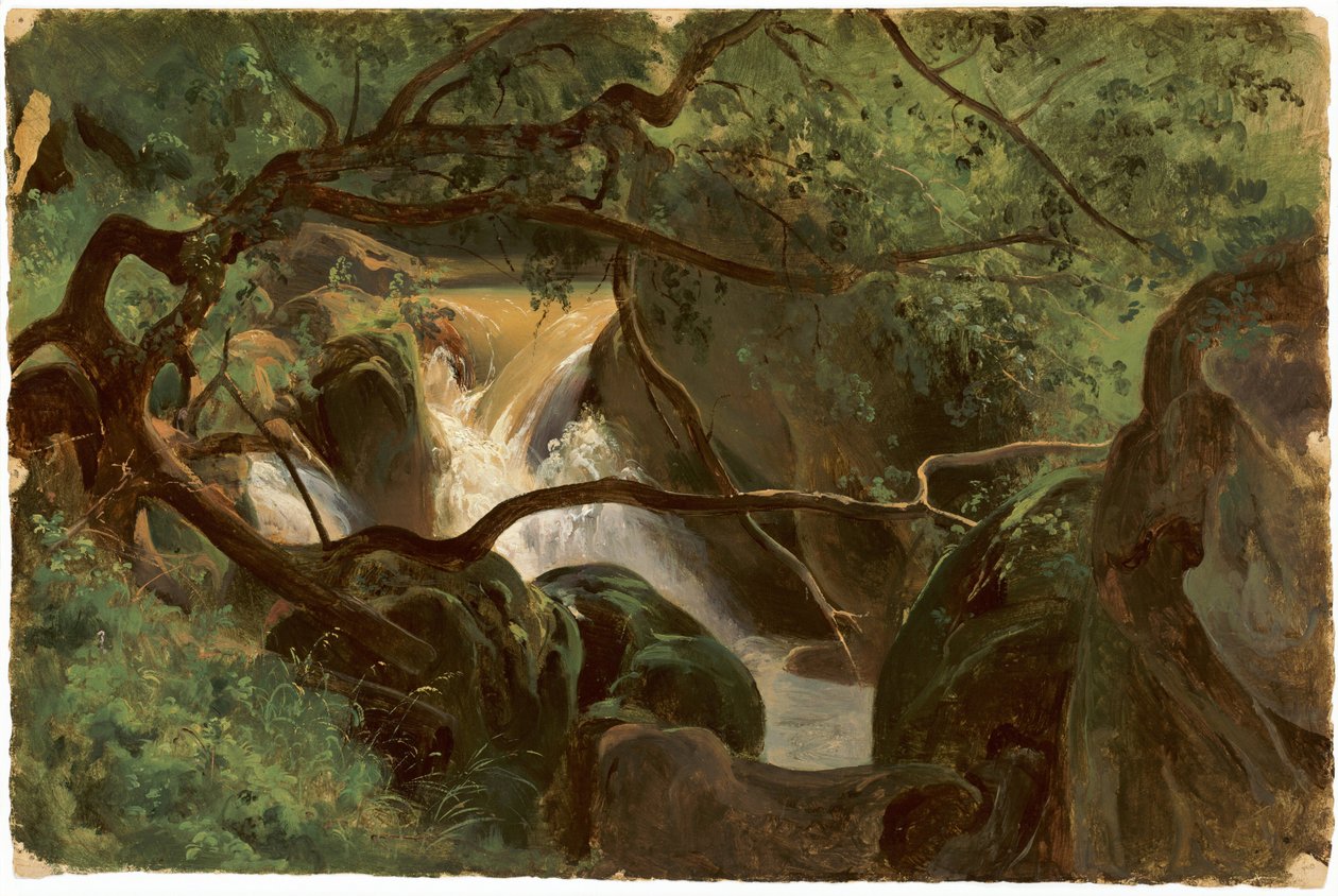 Skoginteriør med en foss, Papigno, 18251830. av André Giroux