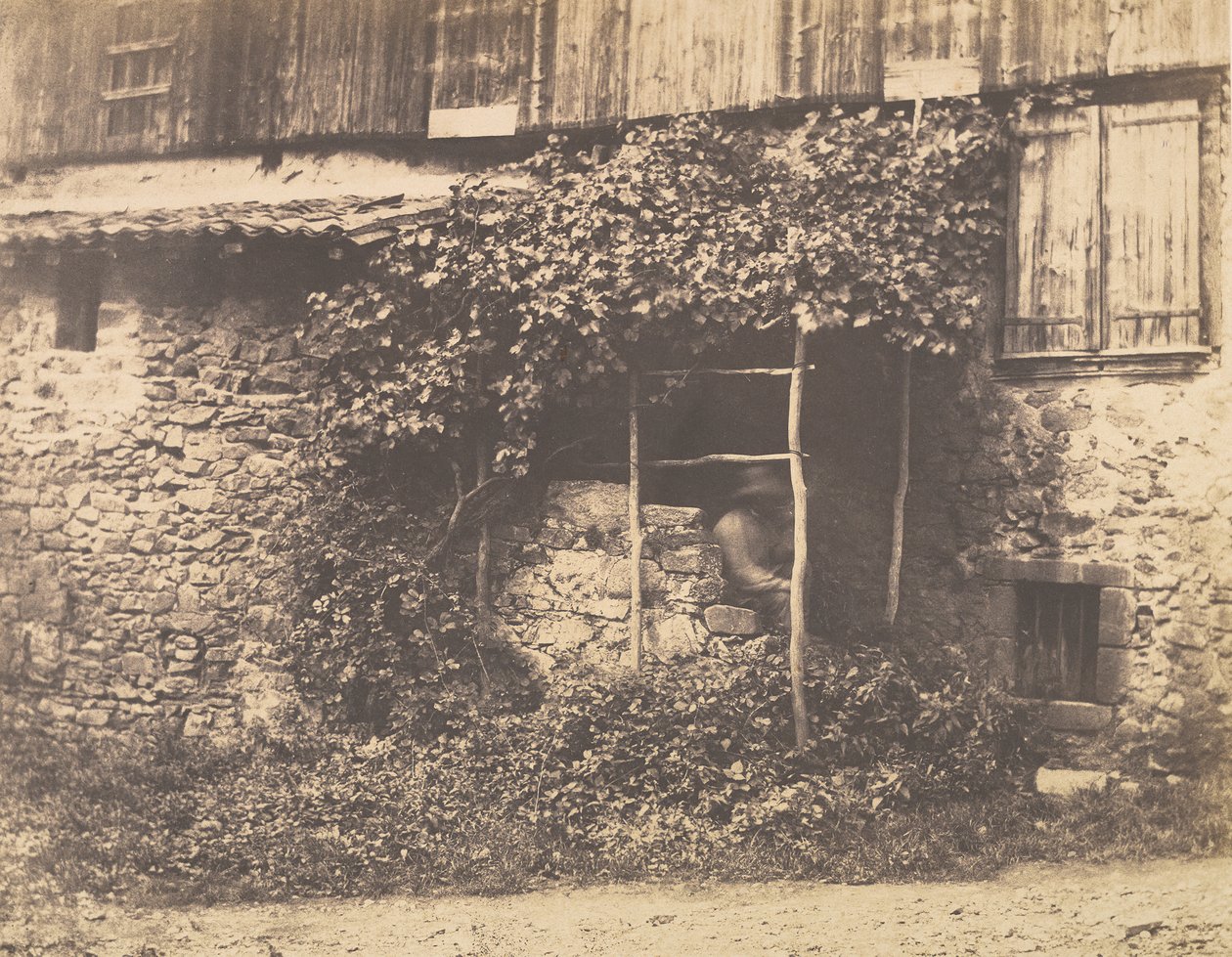 [Rustikk bygning med mann under espalier], ca. 1853. av André Giroux
