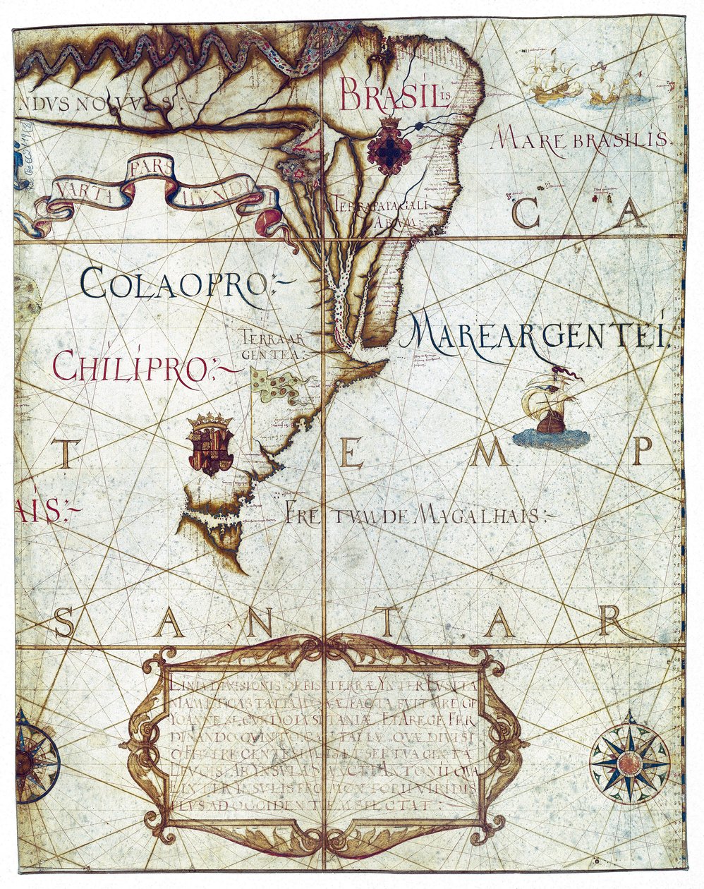 Kart over Sør-Amerika, i Universa og Navigabilis Totius Terrarum Orbis Descriptio 1559 (fargemanuskript) av André Homem