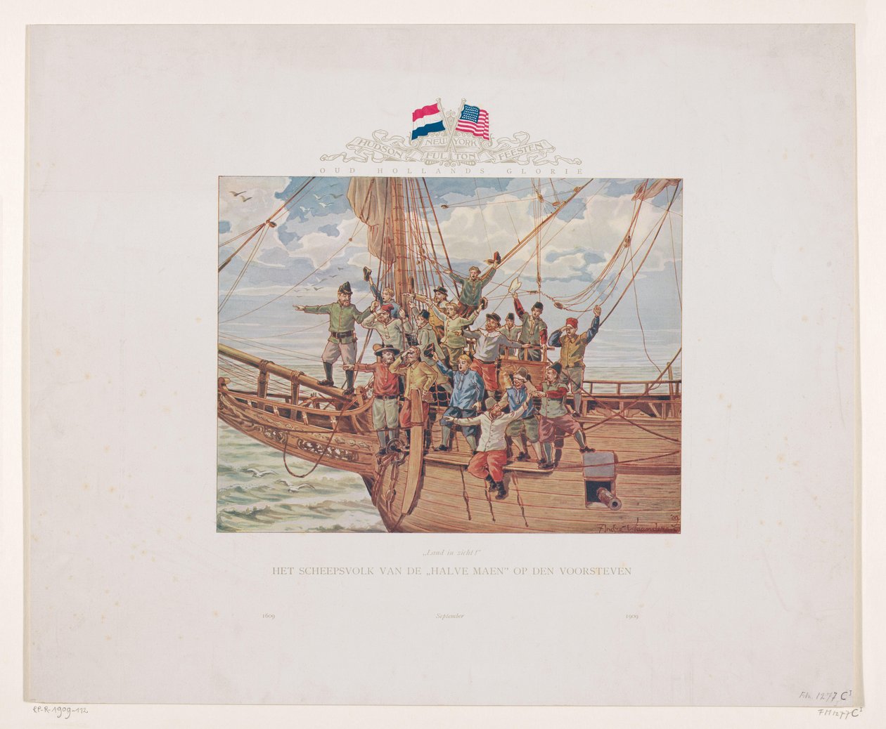 Henry Hudsons skip, Halve Maen, nærmer seg den nordamerikanske kysten, 1609 Land i sikte! Skipsfolket til Halve Maen på baugen (tittel på objekt) av André Vlaanderen