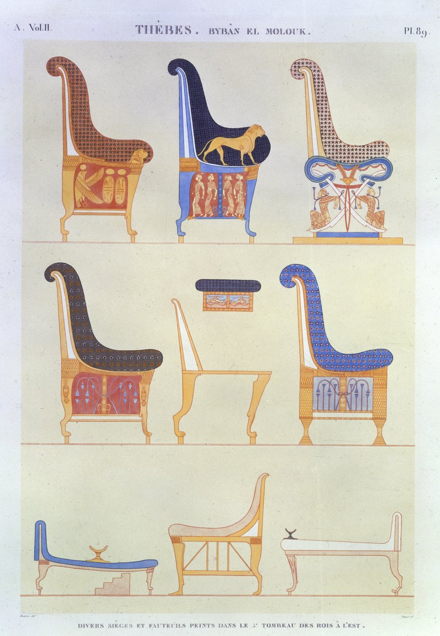 Illustrasjoner av forskjellige malte seter og lenestoler fra Kongenes 5. grav i øst, Byban el Molouk, plate 89 fra Vol II av `Descriptions of Egypt`, gravert av Pomel, 1822 (akvatint) av Andre Dutertre