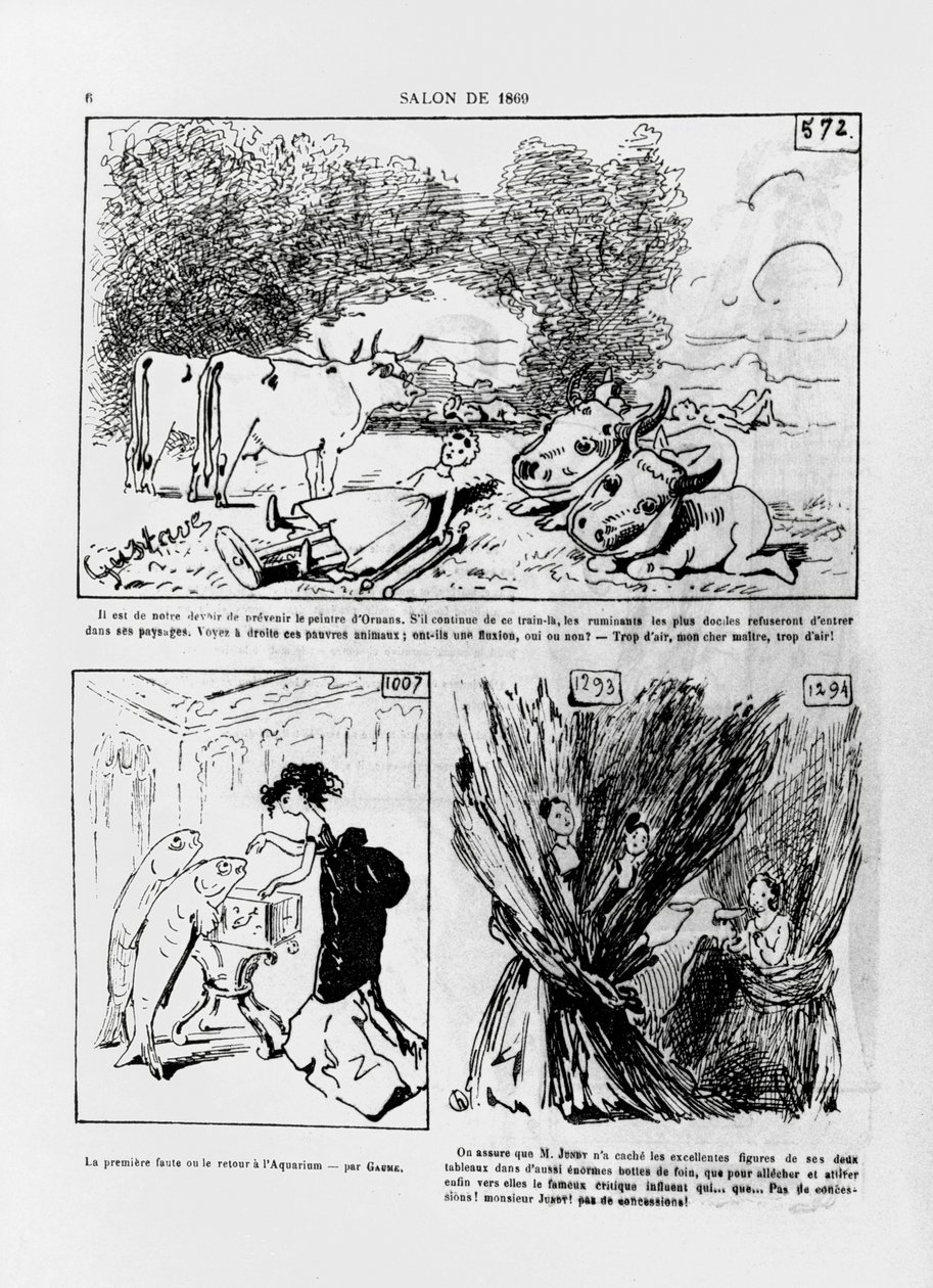 Karikaturer av arbeidet til de franske kunstnerne, Courbet, Gaume og Jundt, fra magasinet 