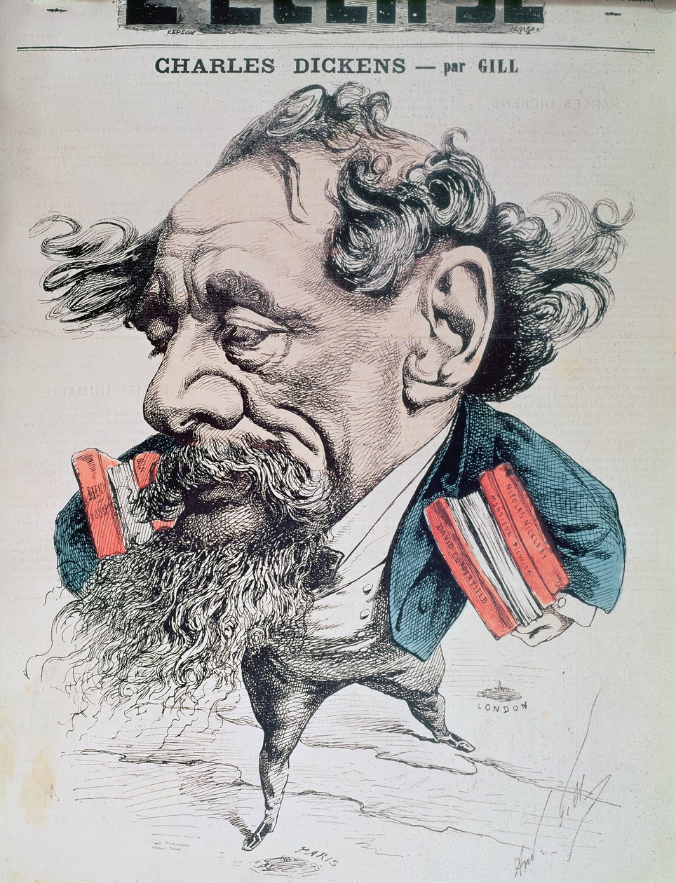Charles Dickens over den engelske kanal, omslagsillustrasjon fra 