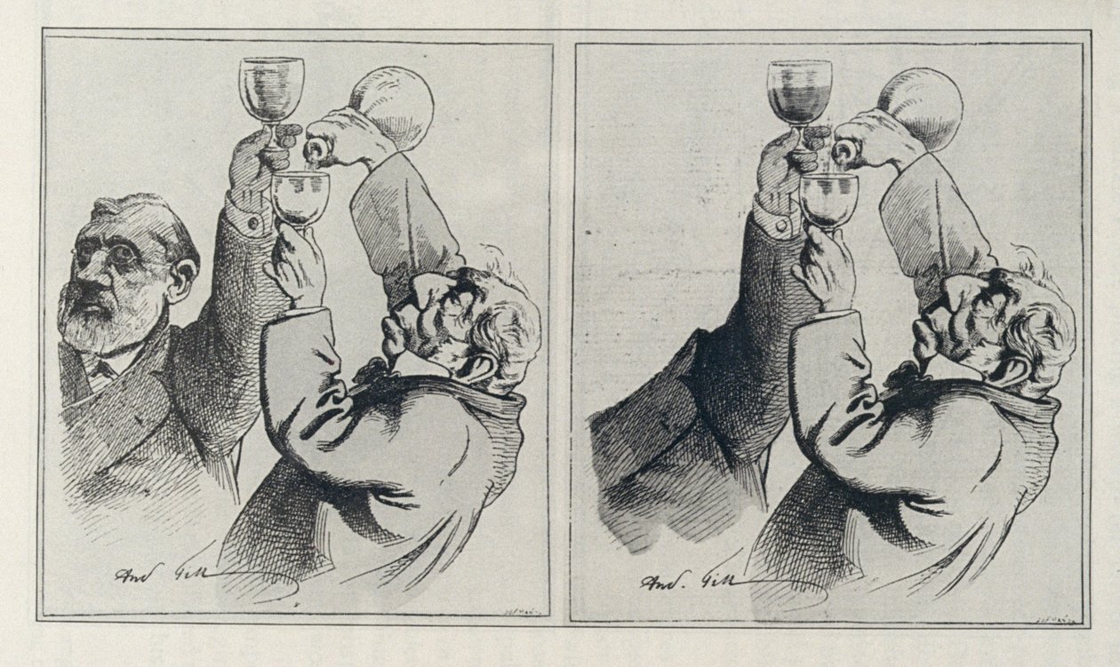 Originaltegning og tegning publisert i 'L'Eclipse', 17. august 1873 av Andre Gill