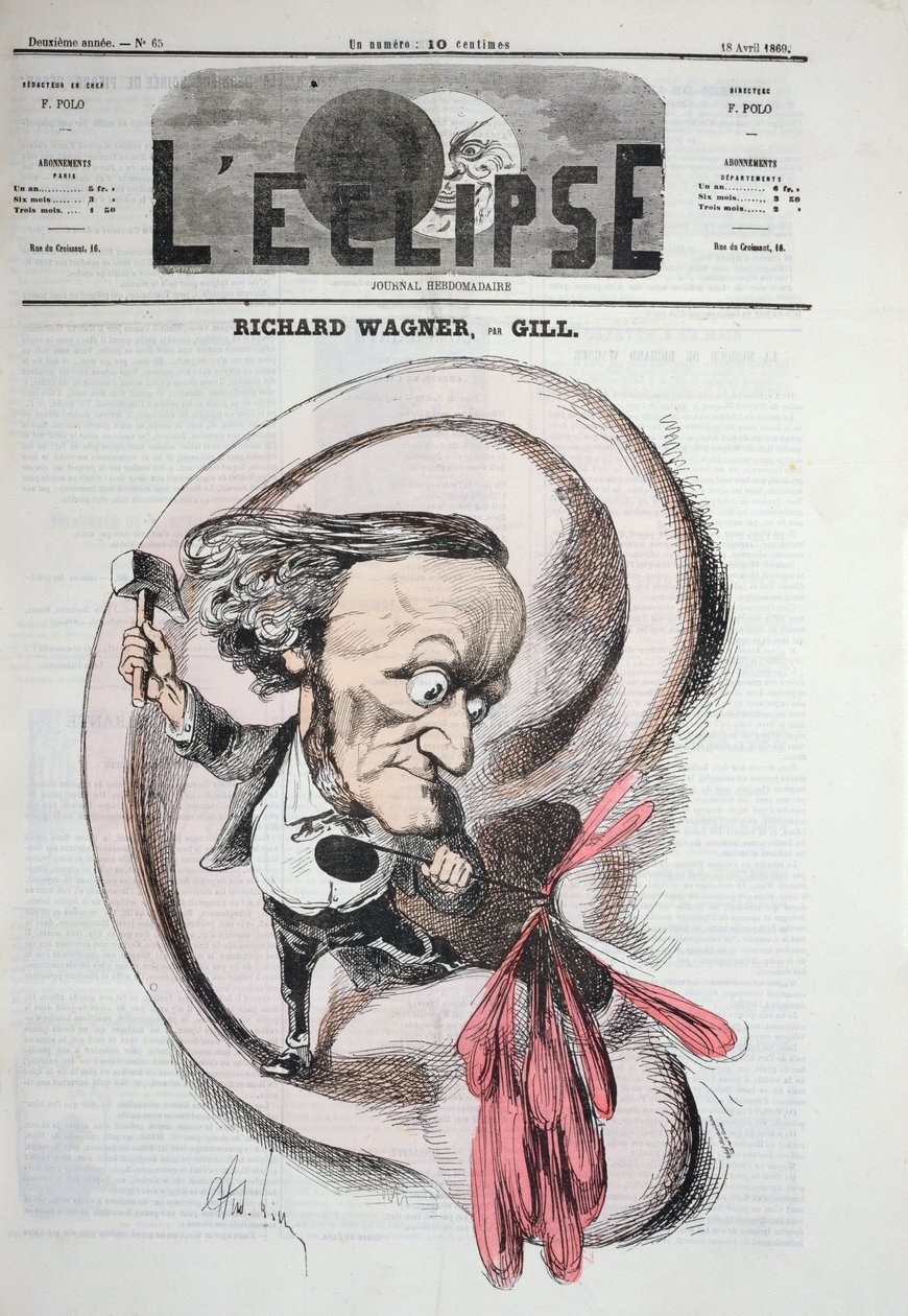 Richard Wagner gjennomborer en trommehinne, 1869 av Andre Gill