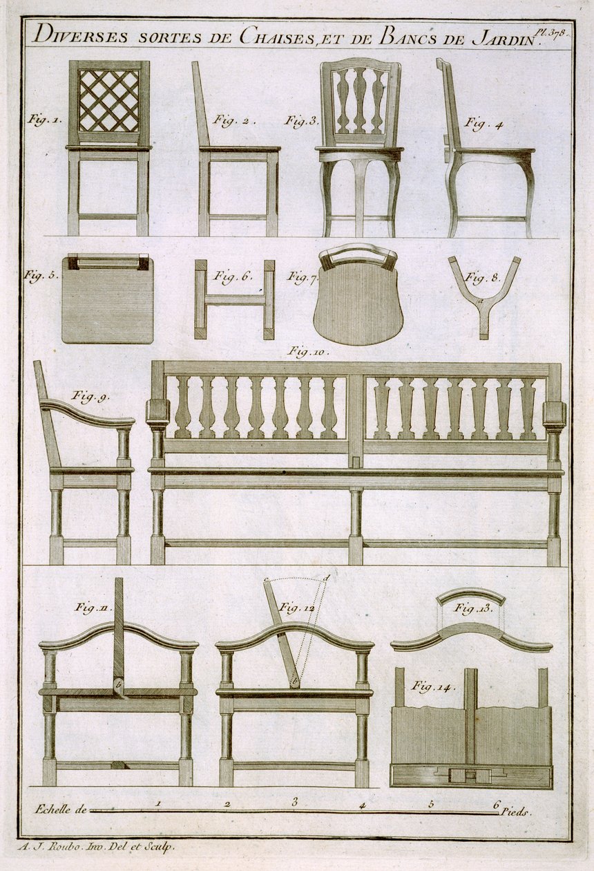 Design for trestoler og benker for hagen, fra LArt du Menuisier, pub. 1769-74 av Andre Jacob Roubo