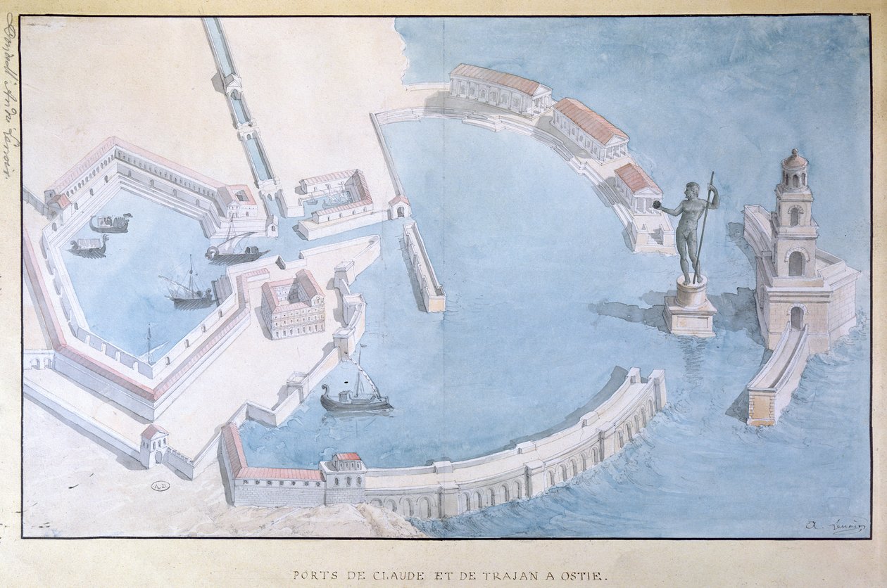 Rekonstruksjon av den romerske havnen Ostia, ca. 1850 av Andre Lenoir