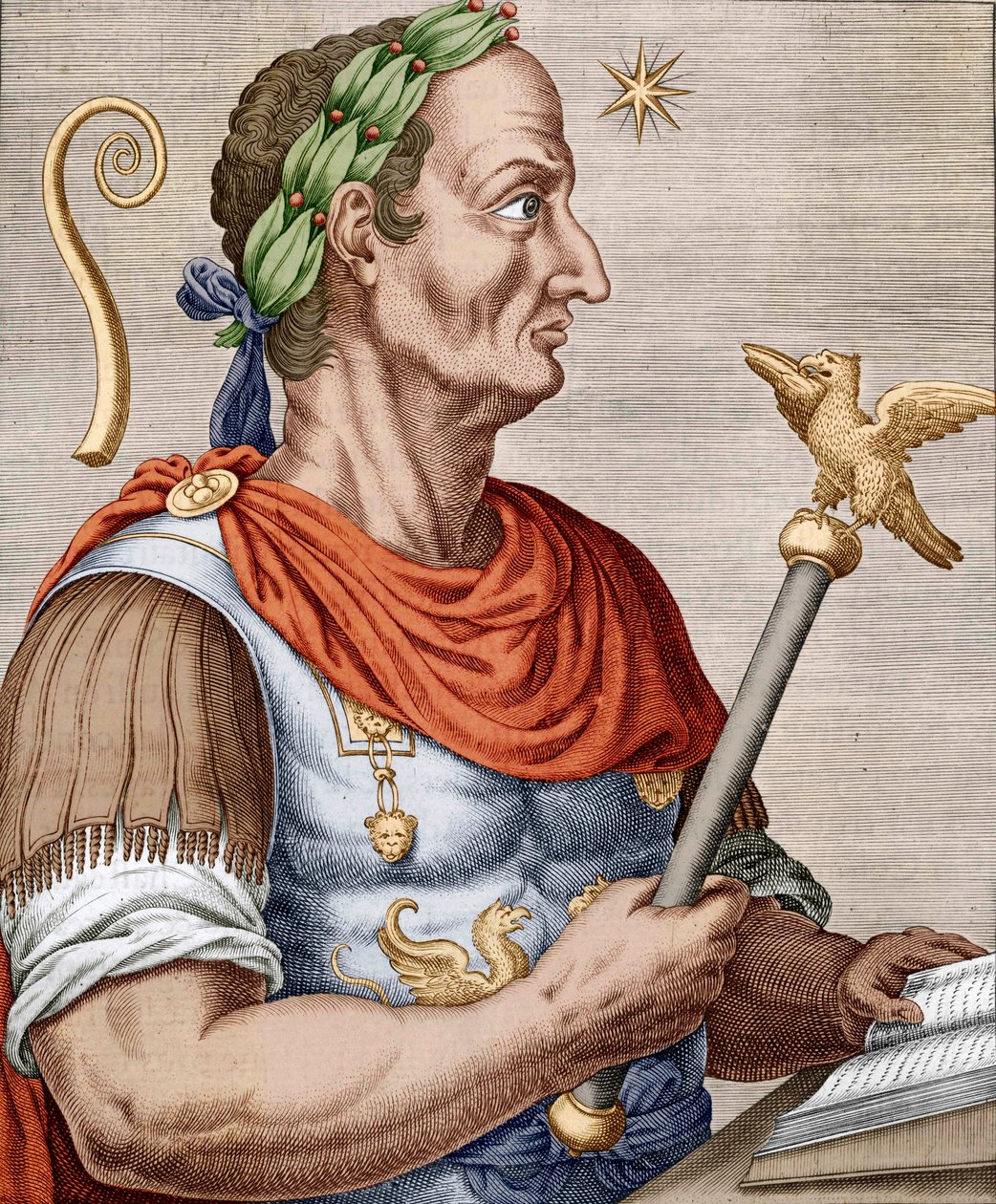 Julius Caesar, fra "True Portraits and Lives of Illustrious Men" (farget gravering) av Andre (after) Thevet