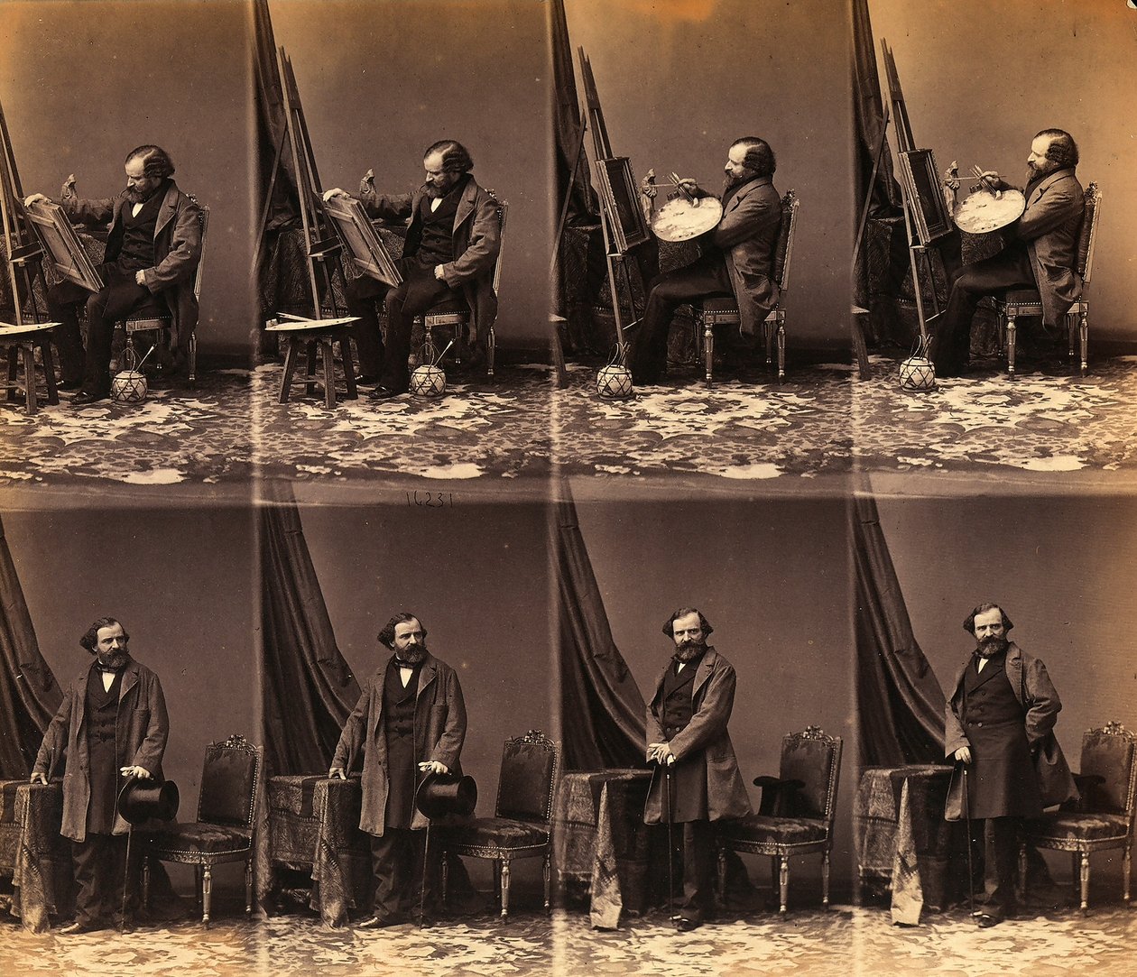 Portrett av maleren Lepualle: ark med seks ukuttede cartes de visite (s/hv-bilde) av Andre Adolphe Eugene Disderi