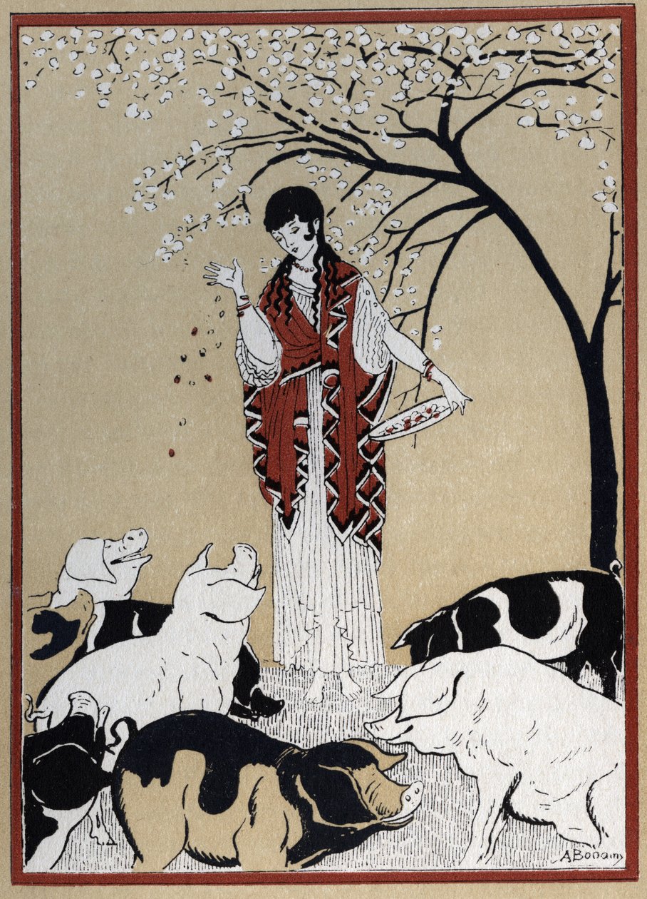 Odyssey of Homer: “” Circe the witch and the companions of Ulysses change into pigs”” (Odyssey of Homer: “” The witch Circe and Odysseus’ companions change into pigs”) Illustrasjon av Andre Bonamy (1880-1943) i “The Return of Ulysses» av Jean Baptiste Cois av Andre Bonamy