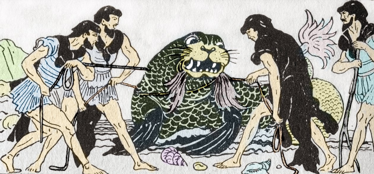 Odyssee d'Homere: "Menelas vender tilbake fra den trojanske krigen, og fanger sammen med sine følgesvenner guden Protee på øya Pharos"" (Odyssey of Homer: "" Menelaos og hans følgesvenner, fanger ved retur fra Troja, guden Prot av Andre Bonamy