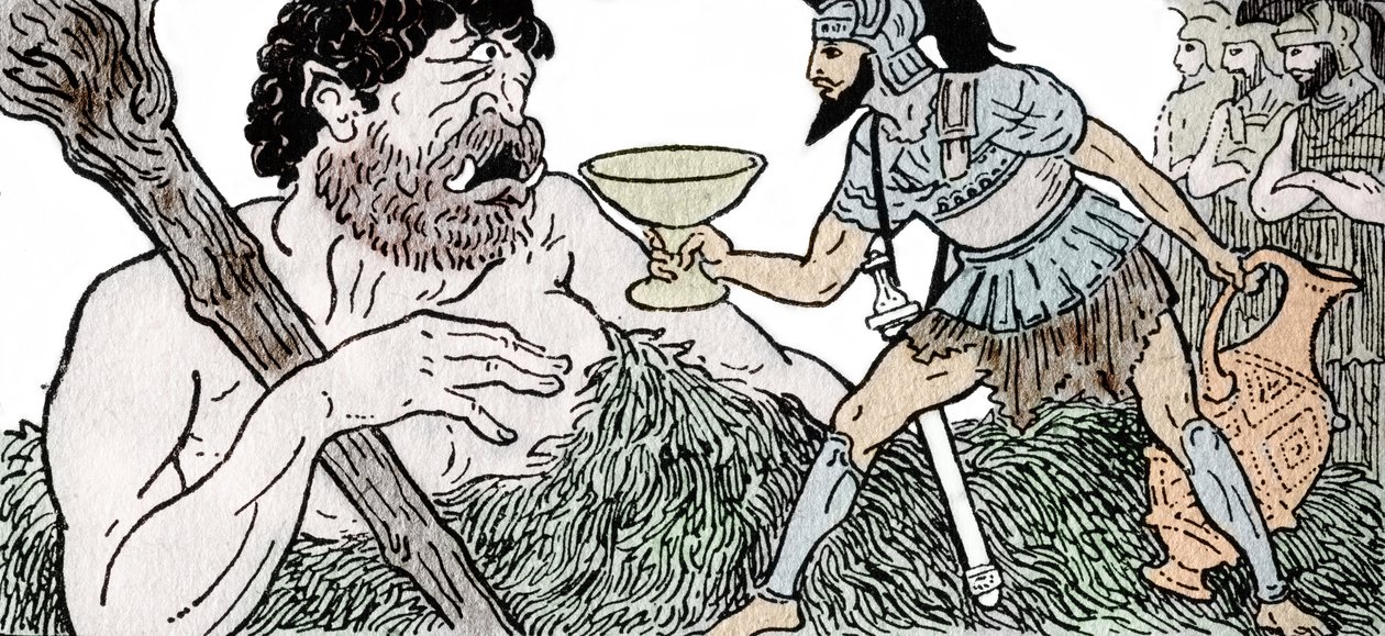 Odyssee d'Homere: "Odyssey of Homer: Odysseus tilbyr en kopp vin til Polyphemus, the Cyclops" Illustrasjon av Andre Bonamy (1880-1943) i "Le retour d'Ulysse" av Jean Baptiste Coissac av Andre Bonamy